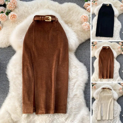 Women Skirt Split Solid Color High Waist Soft Thick Warm Soft Sheath Commute Elegant Style Zipper Closure Mid-calf Length Midi S