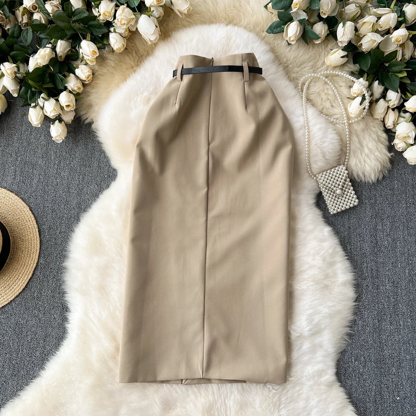 Basics Vintage Chic High Waist Belt Split Long Straight Tube Skirt Casual Office Lady High Street Women Spring Summer Clothing