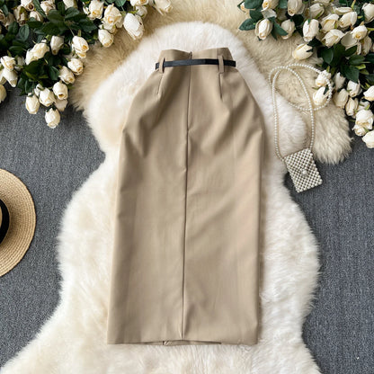 Basics Vintage Chic High Waist Belt Split Long Straight Tube Skirt Casual Office Lady High Street Women Spring Summer Clothing