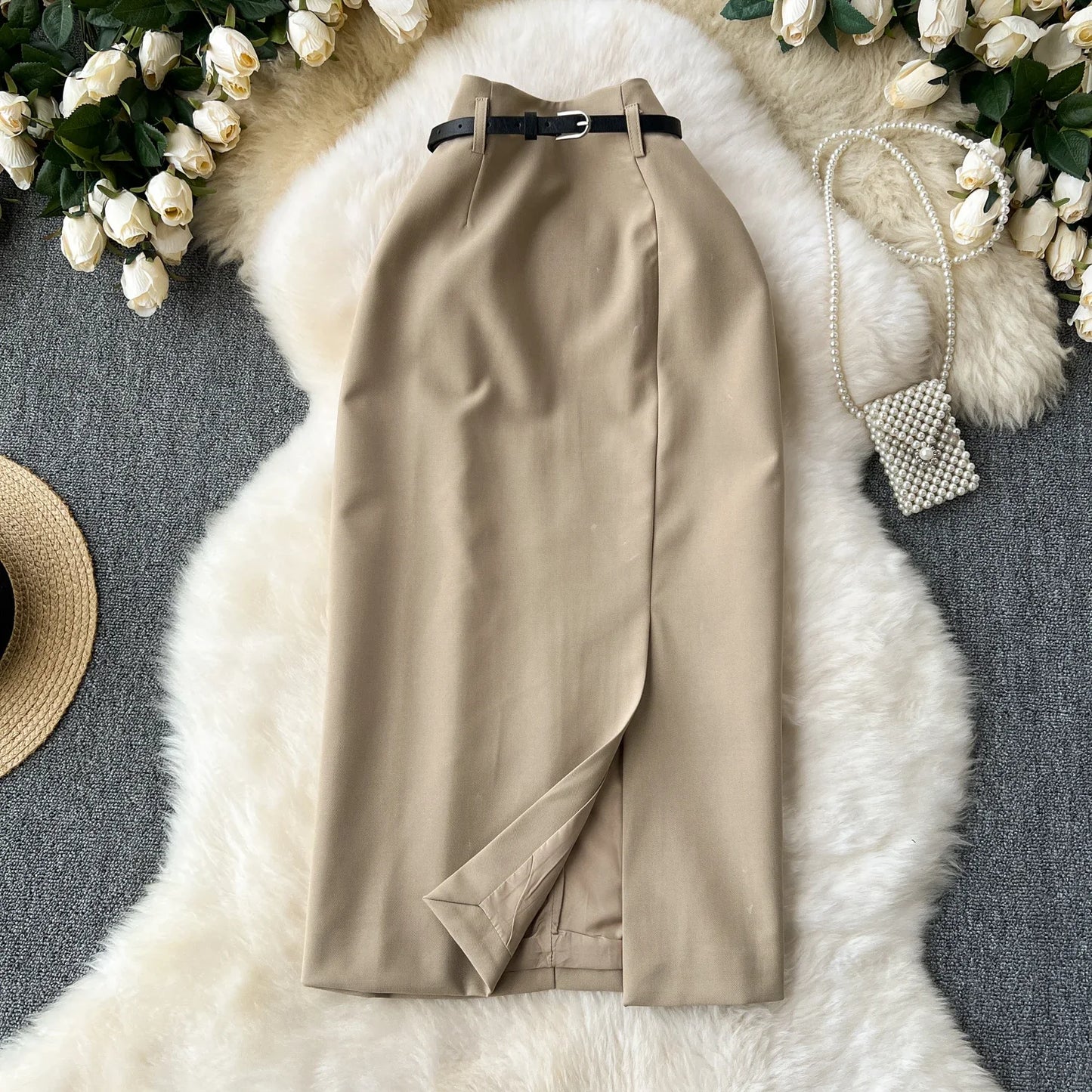 Basics Vintage Chic High Waist Belt Split Long Straight Tube Skirt Casual Office Lady High Street Women Spring Summer Clothing