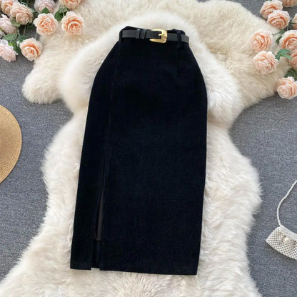 Women Skirt Split Solid Color High Waist Soft Thick Warm Soft Sheath Commute Elegant Style Zipper Closure Mid-calf Length Midi S