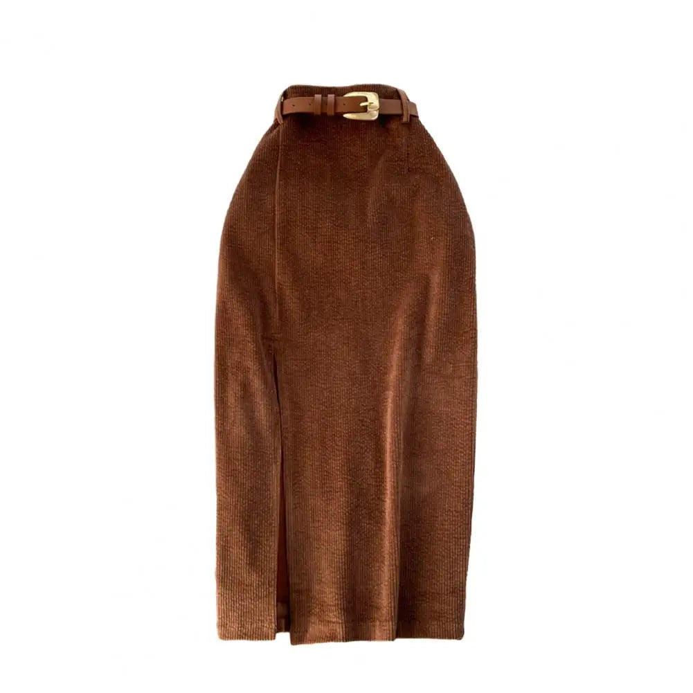 Women Skirt Split Solid Color High Waist Soft Thick Warm Soft Sheath Commute Elegant Style Zipper Closure Mid-calf Length Midi S
