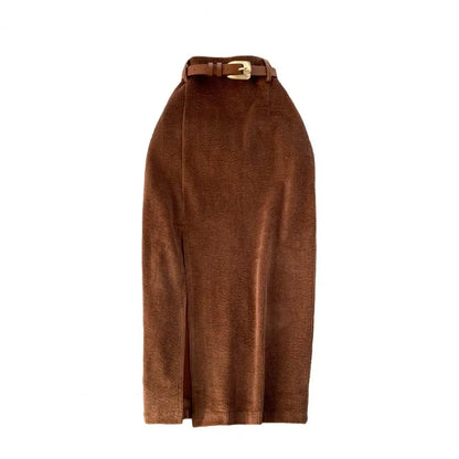 Women Skirt Split Solid Color High Waist Soft Thick Warm Soft Sheath Commute Elegant Style Zipper Closure Mid-calf Length Midi S