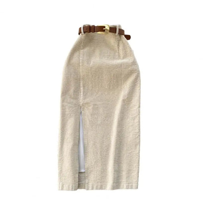 Women Skirt Split Solid Color High Waist Soft Thick Warm Soft Sheath Commute Elegant Style Zipper Closure Mid-calf Length Midi S