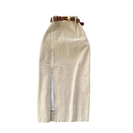 Women Skirt Split Solid Color High Waist Soft Thick Warm Soft Sheath Commute Elegant Style Zipper Closure Mid-calf Length Midi S