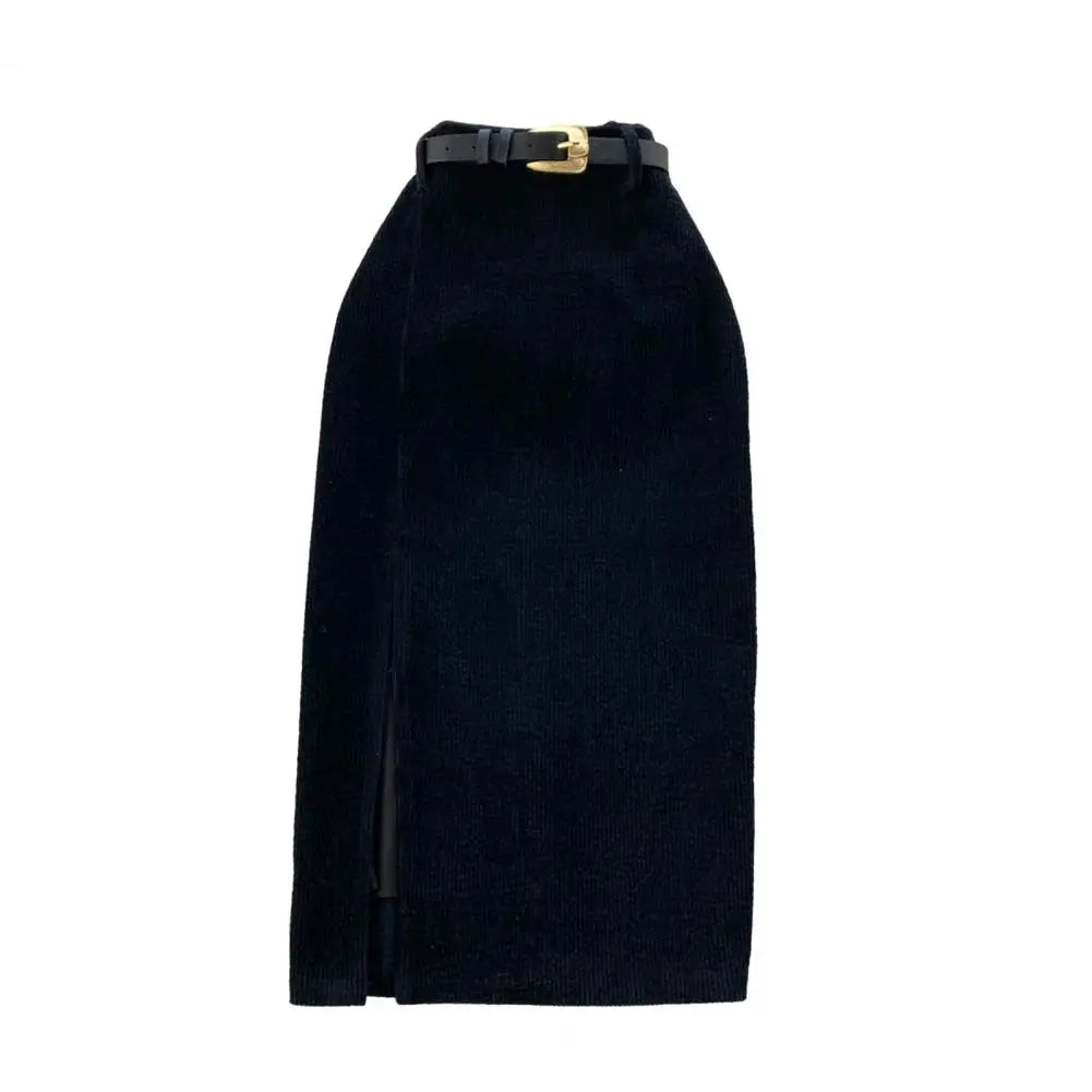 Women Skirt Split Solid Color High Waist Soft Thick Warm Soft Sheath Commute Elegant Style Zipper Closure Mid-calf Length Midi S