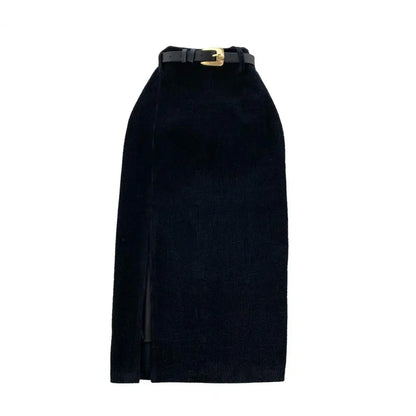 Women Skirt Split Solid Color High Waist Soft Thick Warm Soft Sheath Commute Elegant Style Zipper Closure Mid-calf Length Midi S