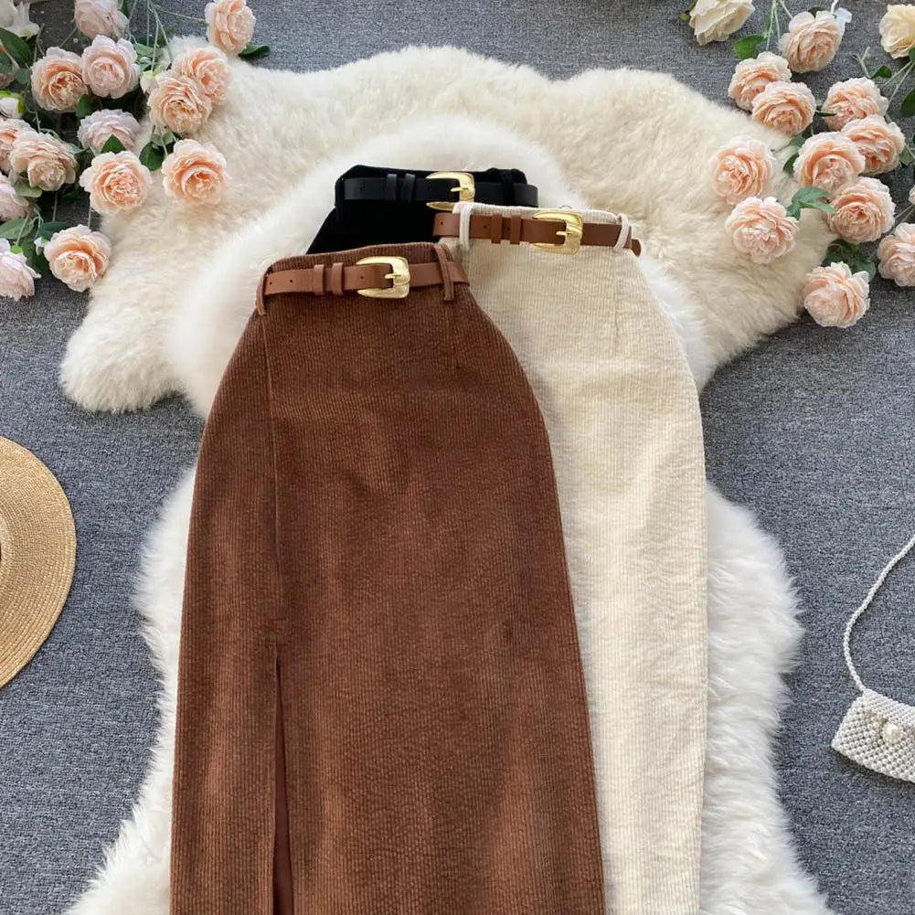 Women Skirt Split Solid Color High Waist Soft Thick Warm Soft Sheath Commute Elegant Style Zipper Closure Mid-calf Length Midi S