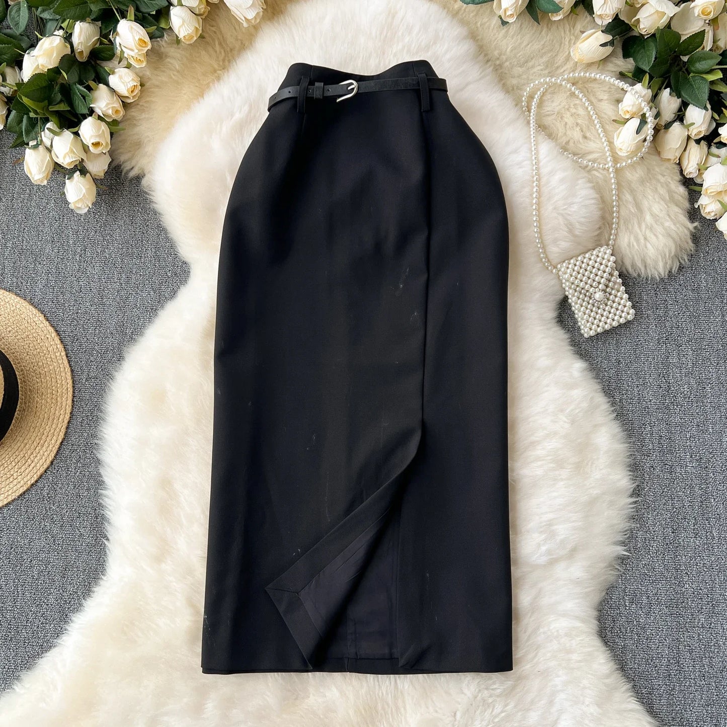 Basics Vintage Chic High Waist Belt Split Long Straight Tube Skirt Casual Office Lady High Street Women Spring Summer Clothing