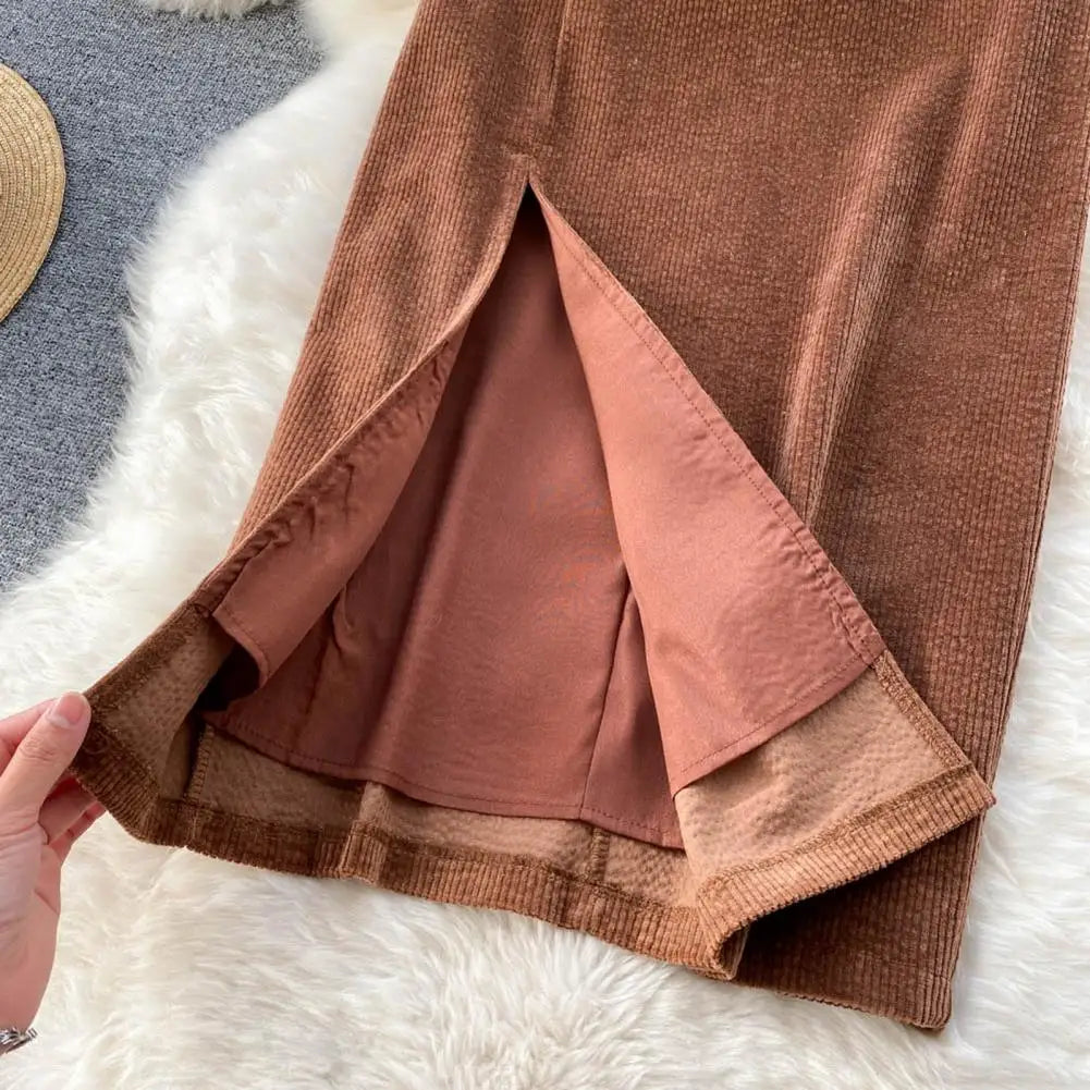 Women Skirt Split Solid Color High Waist Soft Thick Warm Soft Sheath Commute Elegant Style Zipper Closure Mid-calf Length Midi S