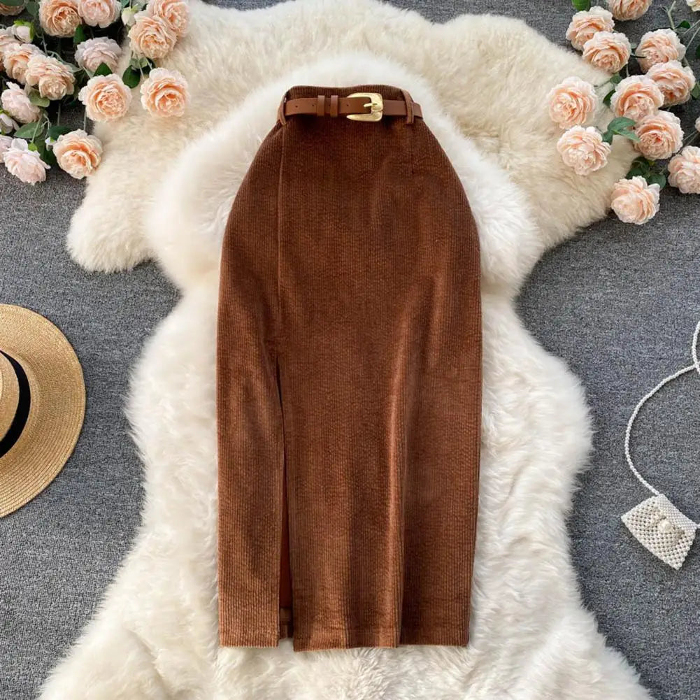 Women Skirt Split Solid Color High Waist Soft Thick Warm Soft Sheath Commute Elegant Style Zipper Closure Mid-calf Length Midi S