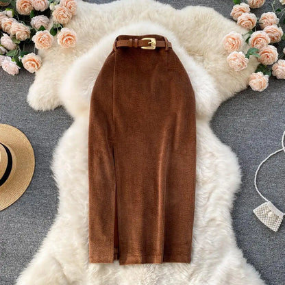 Women Skirt Split Solid Color High Waist Soft Thick Warm Soft Sheath Commute Elegant Style Zipper Closure Mid-calf Length Midi S