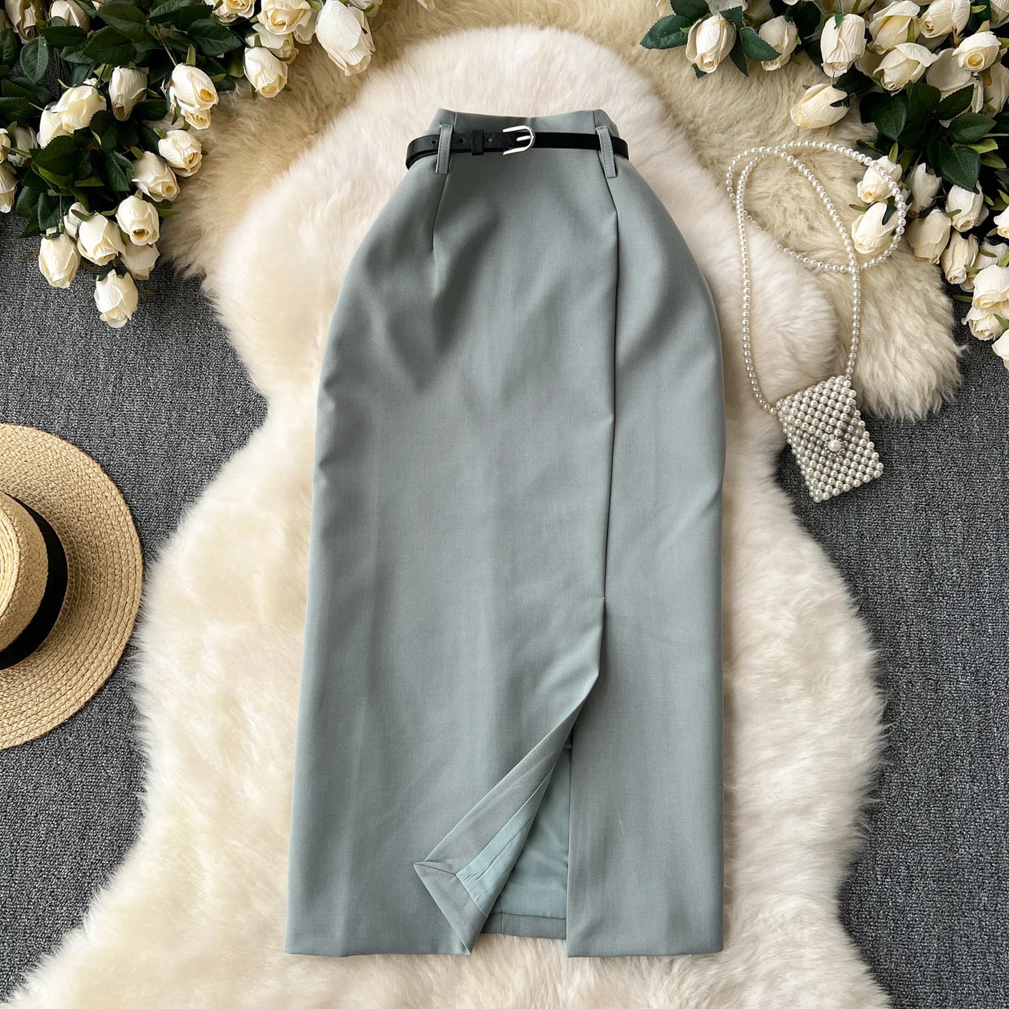Basics Vintage Chic High Waist Belt Split Long Straight Tube Skirt Casual Office Lady High Street Women Spring Summer Clothing
