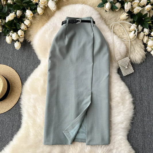 Basics Vintage Chic High Waist Belt Split Long Straight Tube Skirt Casual Office Lady High Street Women Spring Summer Clothing